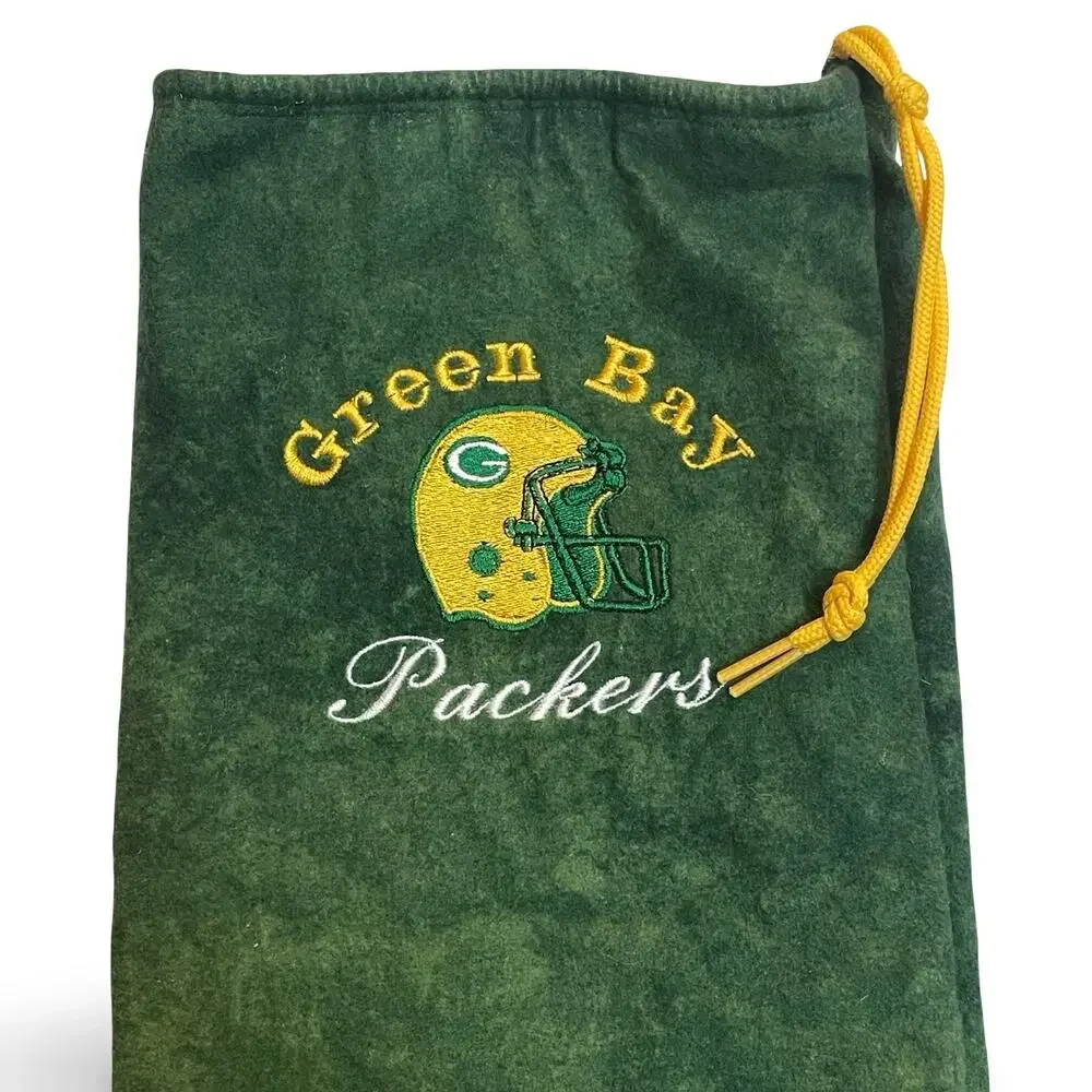 Green Bay Packers Drawstring Pouch Bag Velvet Velour Embroidered 90s Vintage